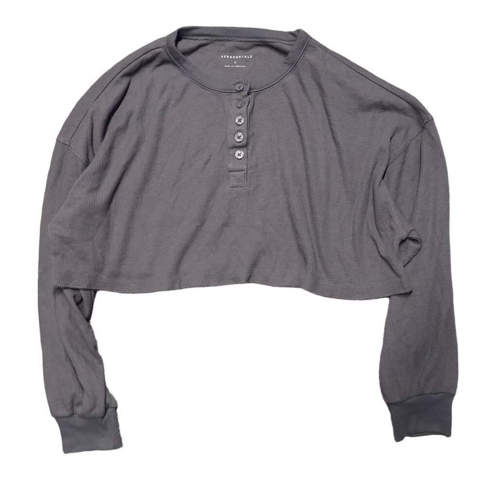Aeropostale Gray Waffle Knit Long Sleeve Henley Cropped Top